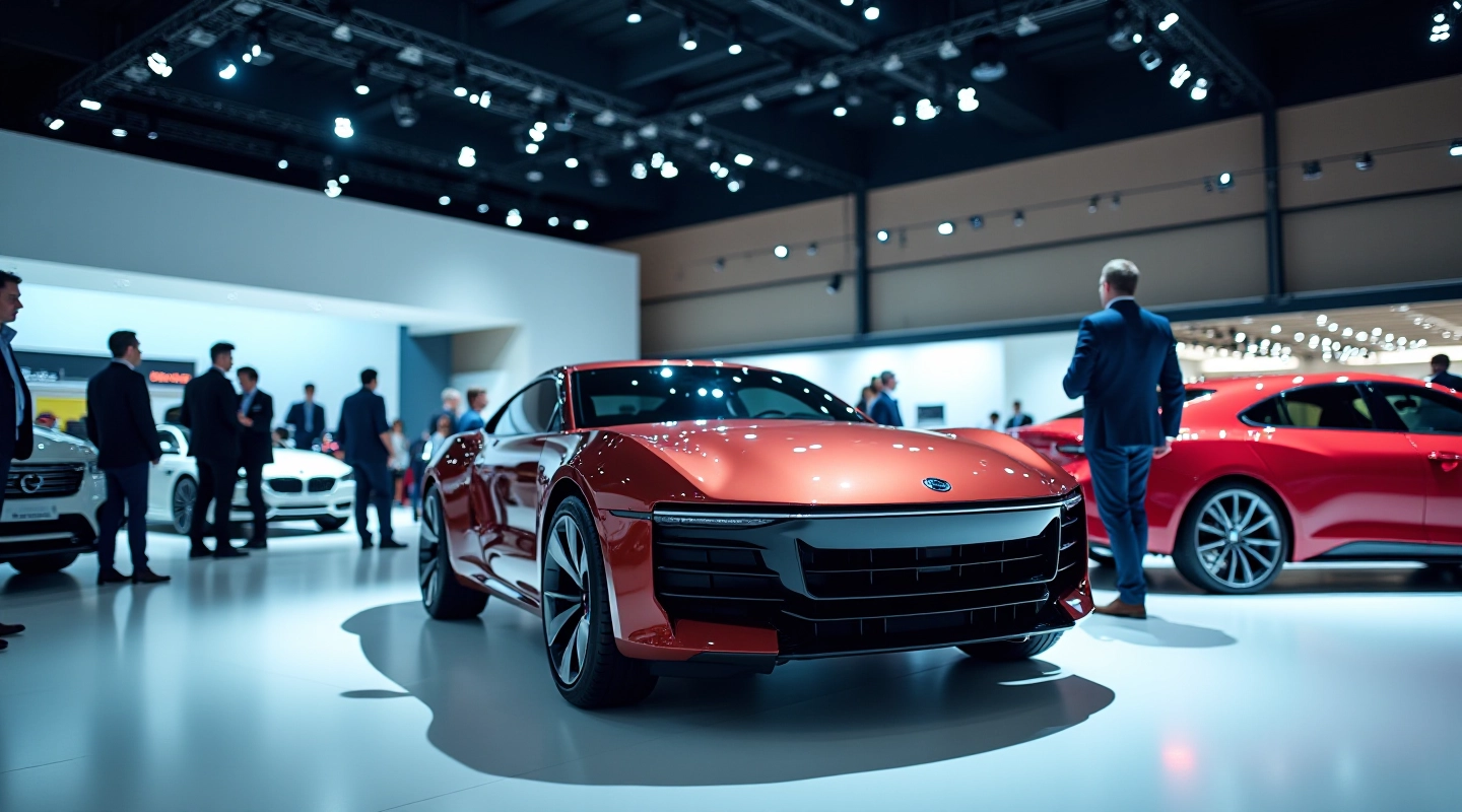 Pasaulinės automobilių parodos aplinka su konceptiniais automobiliais