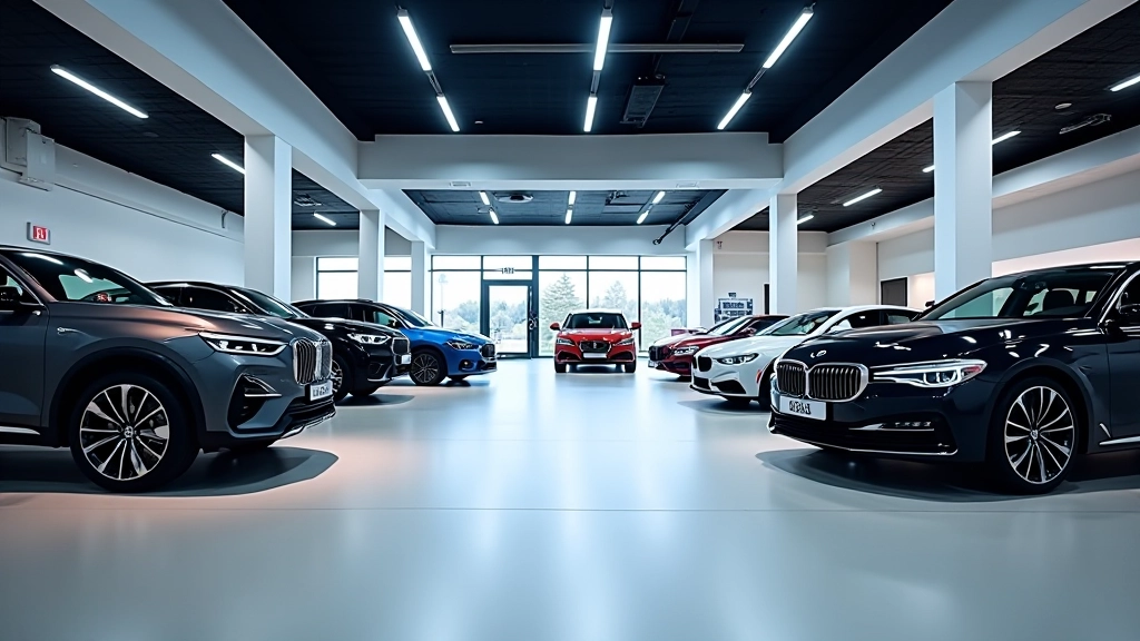 Modernios parodų salės interjeras su išdėstytais automobiliais ir inovatyviu apšvietimu