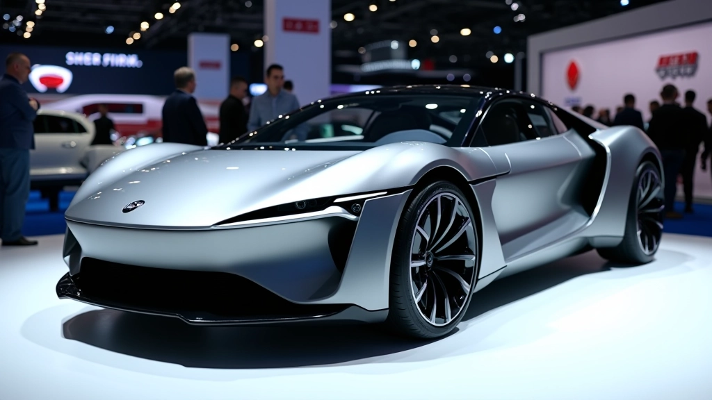 Modernus hibridinis automobilis su aerodiniamiu dizainu, demonstruojamas šviesiame parodų pastate