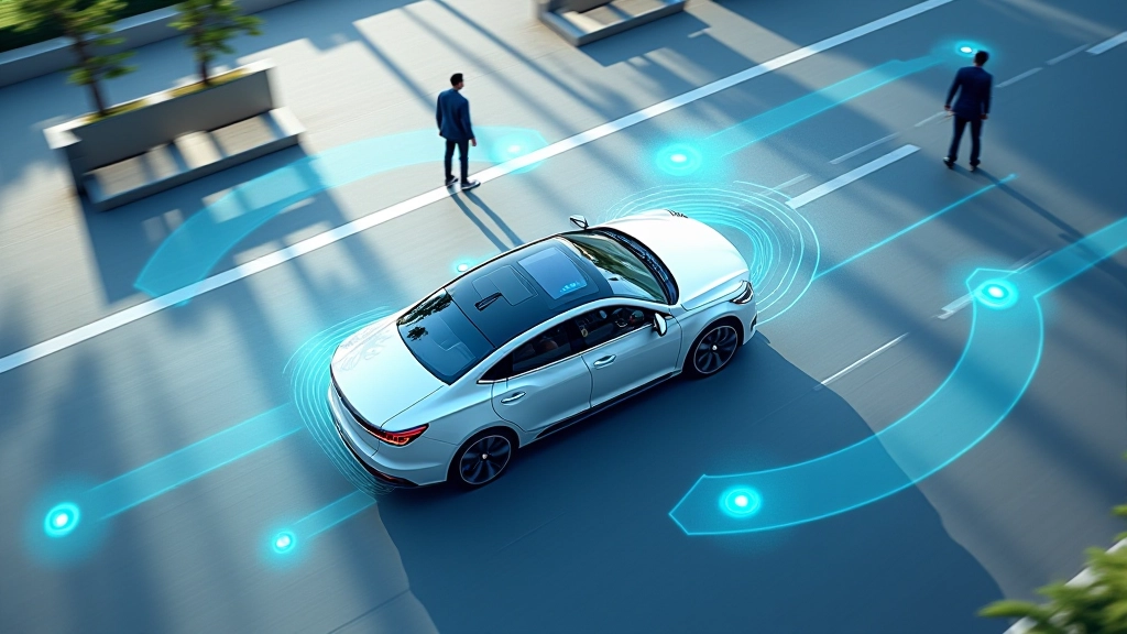 Automobilio sensorinės sistemos schematinis vaizdas su lidar, radaru ir kameromis